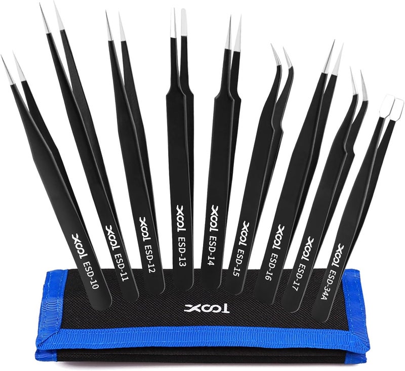 XOOL Precision Tweezers Set, 9 PCS ESD Tweezers Set, Anti-Static Stainless Steel Tweezers Kit, Multi-standard Stainless Steel Tweezers for Lab, Electronics, Jewelry and Detailed Work - Image 1